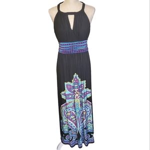 MARIA GABRIELLE | Women's black with multi-color paisly print halter maxi dress.